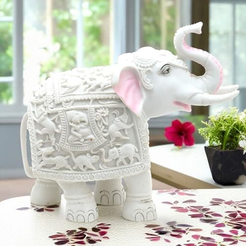 White Elephant Showpiece Big Size Marble Resin Aesthetic Statue Decorative Item for Home, 8 inch Elephant Decor for Home Vastu, Shelf, Study Room, Work Table (8 inch)
