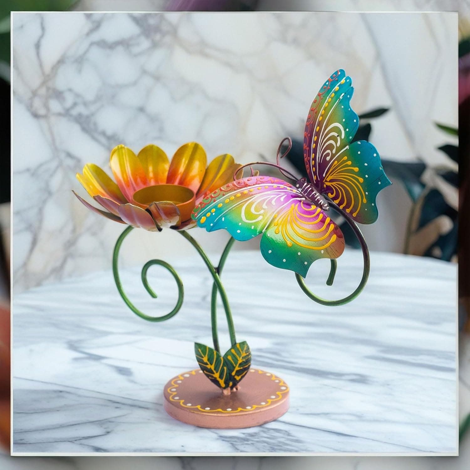 Hand-Painted Iron Tealight Candle Holder | Vibrant and Sturdy Decorative Accent for Wall or Table | Ideal for Entryways, Living Rooms, Patios, and Gardens | 10x5x10 Inches (Butterfly)