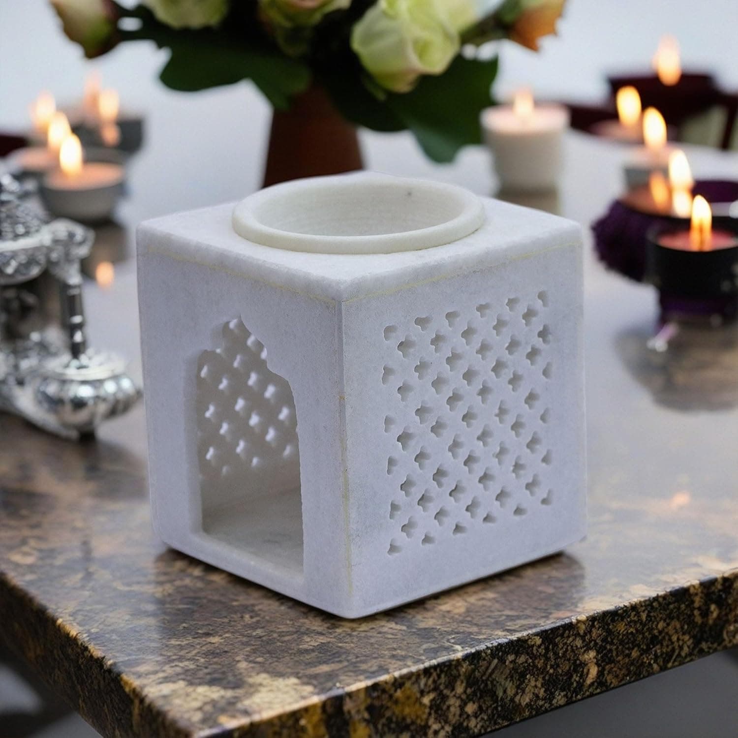 White Marble Aroma Diffuser - Essential Oil Burner, Camphor Fragrance Kapur Dani Vaporizer for Home, Office, Bathroom (White)