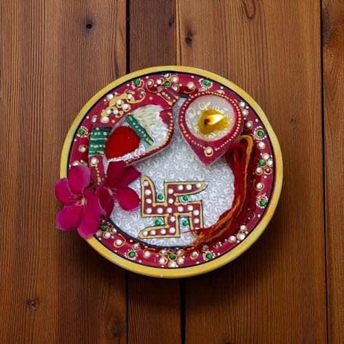 Marble Pooja Thali with Meenakari Work – 6 Inch Decorative Thali, Diya, Roli-Chandan Holder, Kalawa Set for Mandir Aarti, Grih Pravesh, Diwali & Festival Gift (6inch)