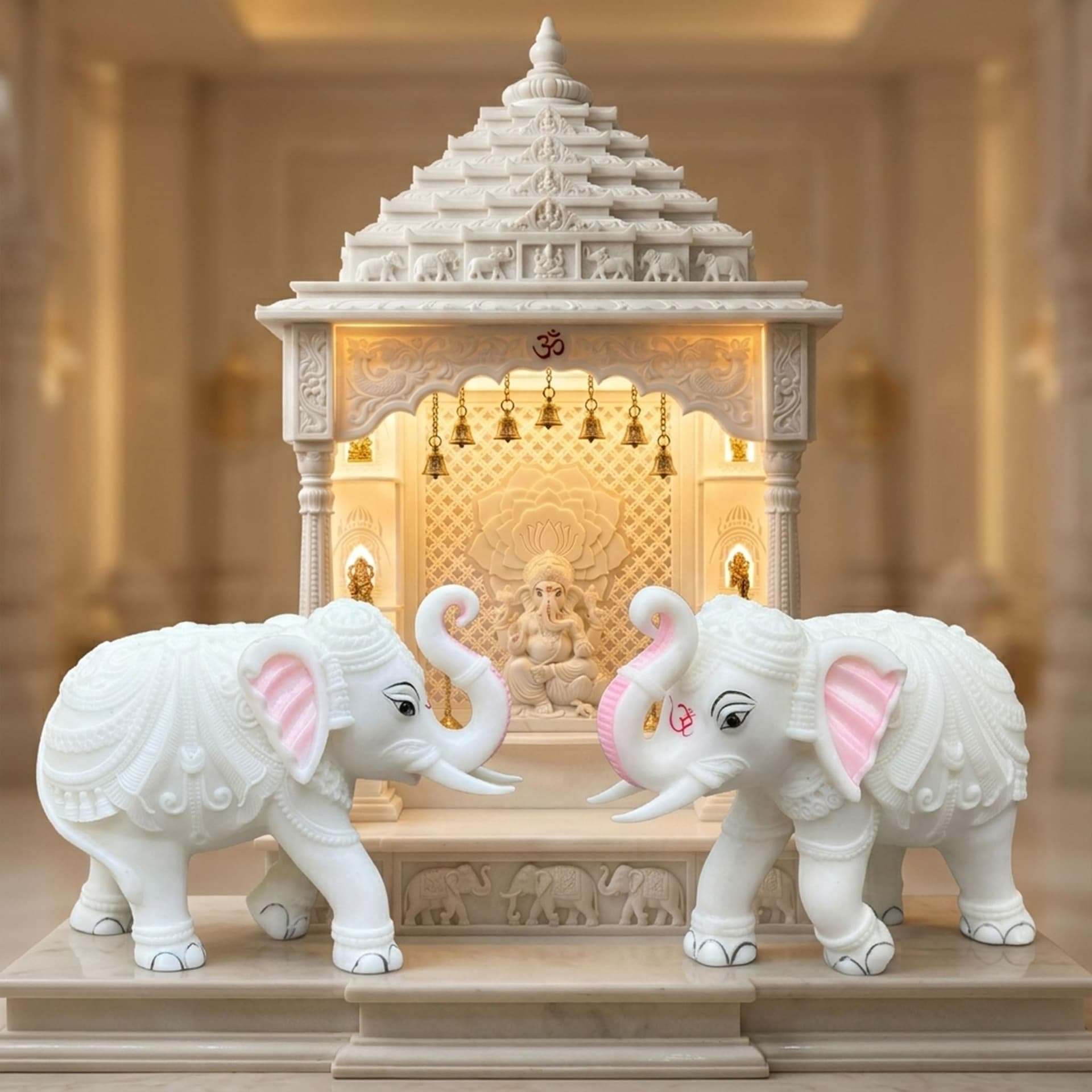 Heavy White Elephant Pair for Mandir Base & Home Temple Decor | 8x10.5 inch Solid Marble Dust Resin Elephant Statues for Corian Mandir Entrance | Vastu Showpiece Set for Living Room
