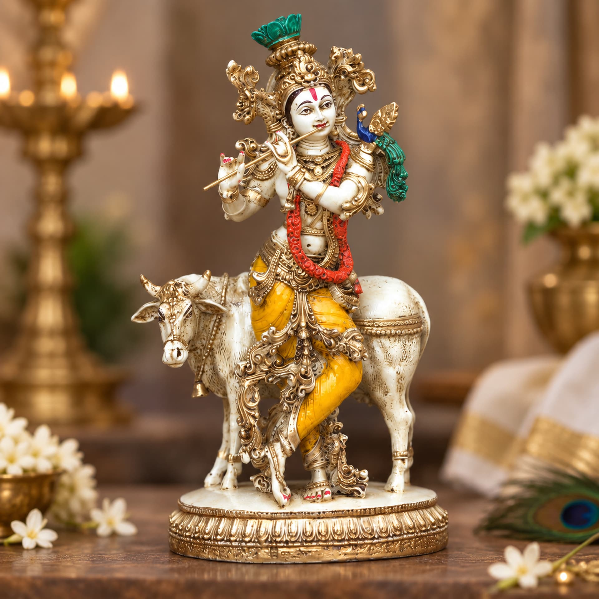 White Gold Krishna with Cow Idol, Gopal Murti Statue, 10 Inch
