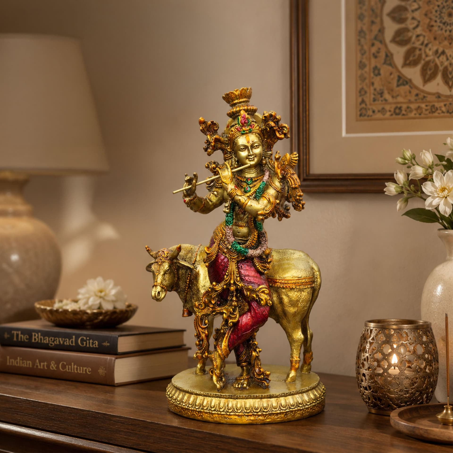 Govinda Gopala Statue, Lord Krishna and Cow Idol Showpiece, 10 Inch Double Coated Resin Antique Decorative Murti for Home Temple, Pooja Room & Gift
