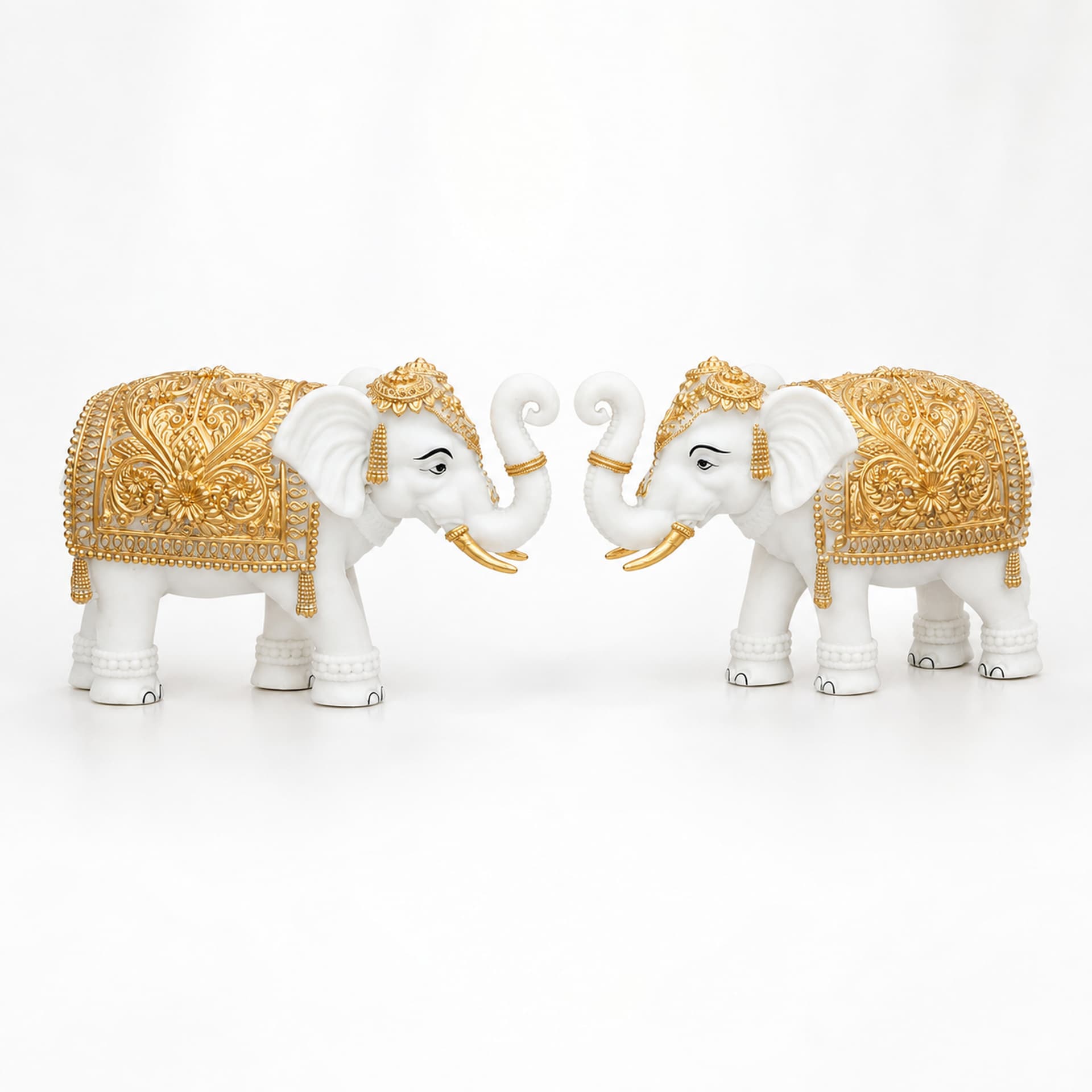 White-Gold Elephant Showpiece Pair, Marble Dust Resin, 8 Inch