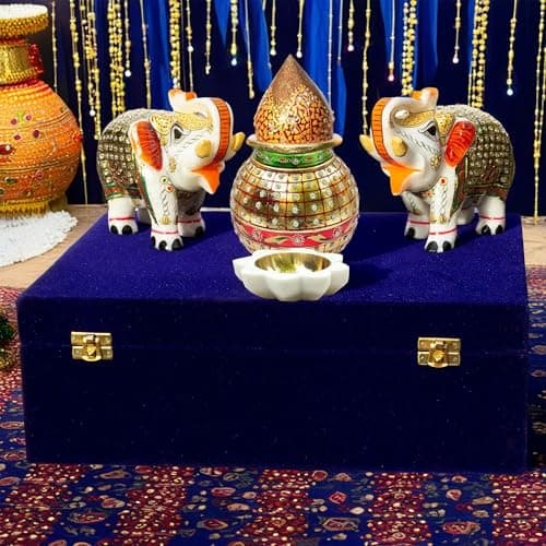 Premium Auspicious Marble Gift Box Set for Diwali, Weddings, Grihpravesh | Handcrafted Marble 2 Pcs Big Size 5" Elephants, Mangal Kalash, Shreephal, Diya (12x15 inch)