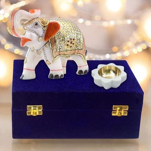 Diwali Gift Set with Handcrafted 5-Inch Marble Elephant & 3-Inch Marble Diya - Ideal for Home Decor, Vastu, Feng Shui, Weddings, Housewarming & Corporate Gifts