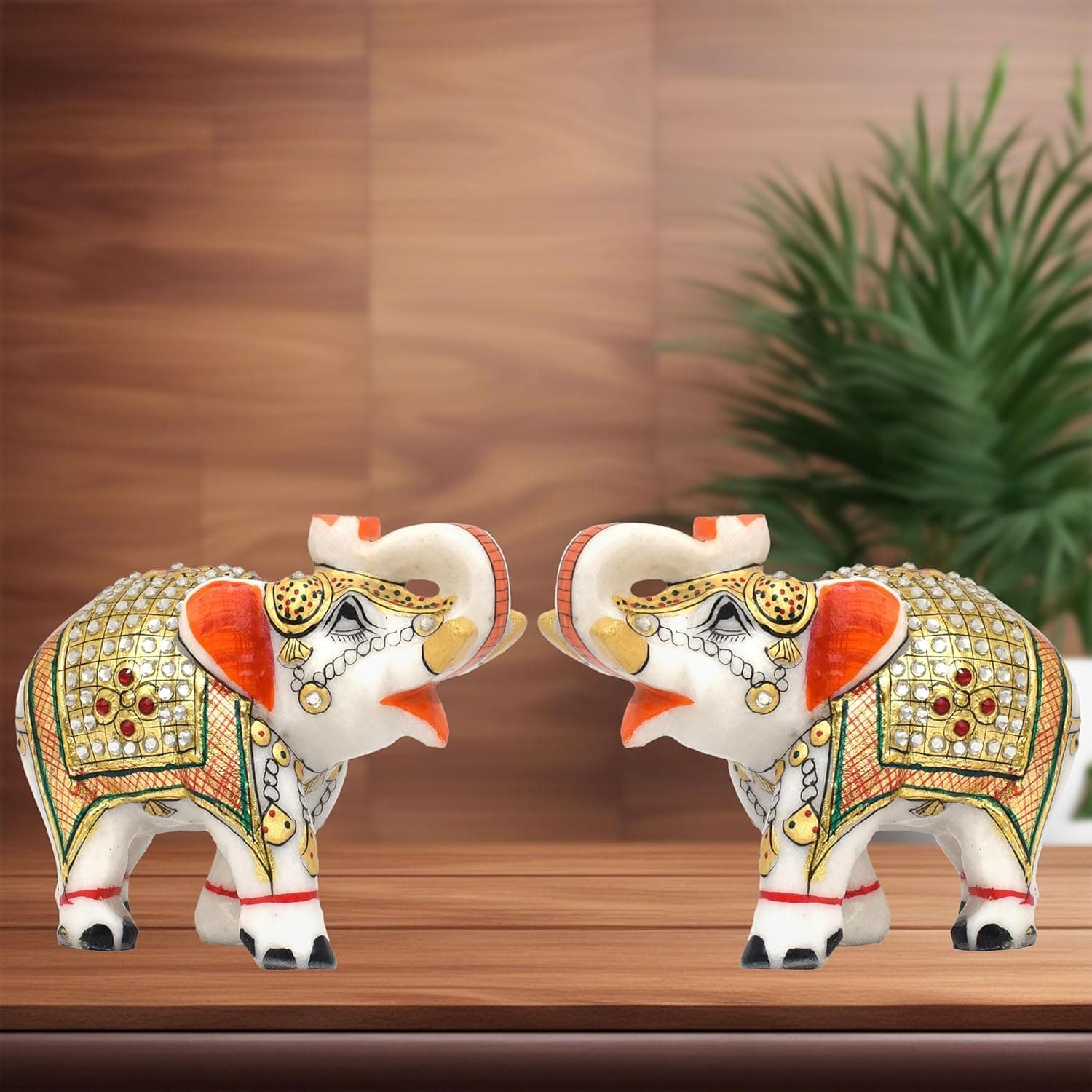 Marble Decorative Items Elephant Showpieces Pack of 2 Marble Elephant Statue 10x8x13cm for Home Decor Shelf Living Room Hathi Vastu Puja Idol (Marble, 4 x 5 inch)