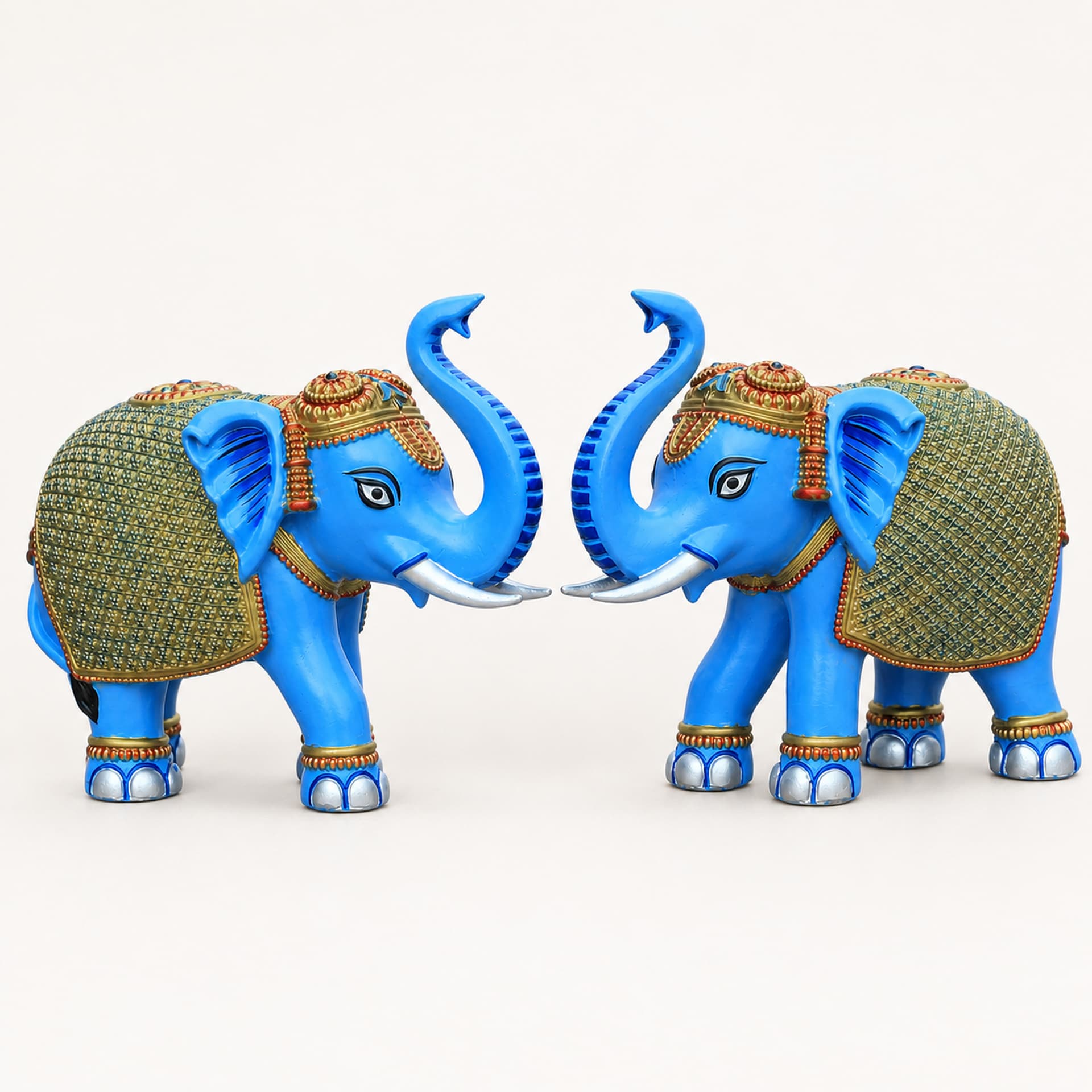 Blue Gold Elephant Showpiece Pair, Home Temple Decor, 5 Inch