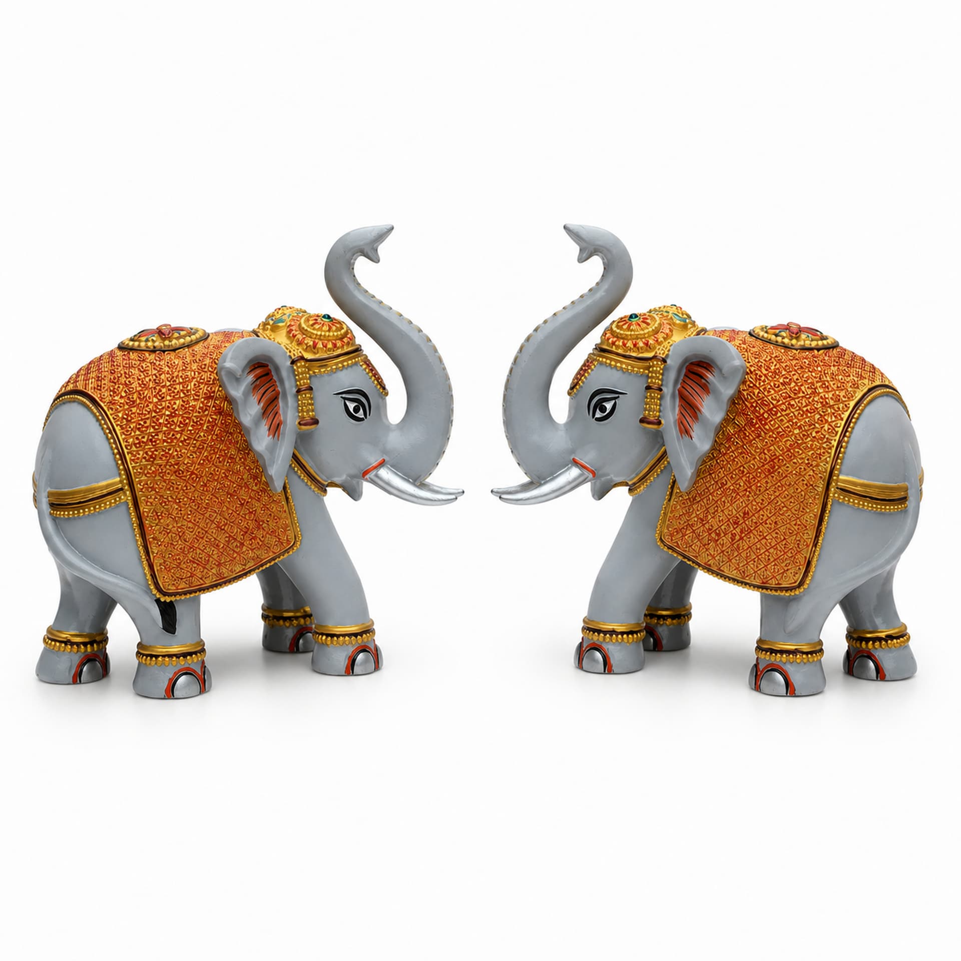 Grey Gold Elephant Showpiece Pair, Home Temple Decor, 5 Inch
