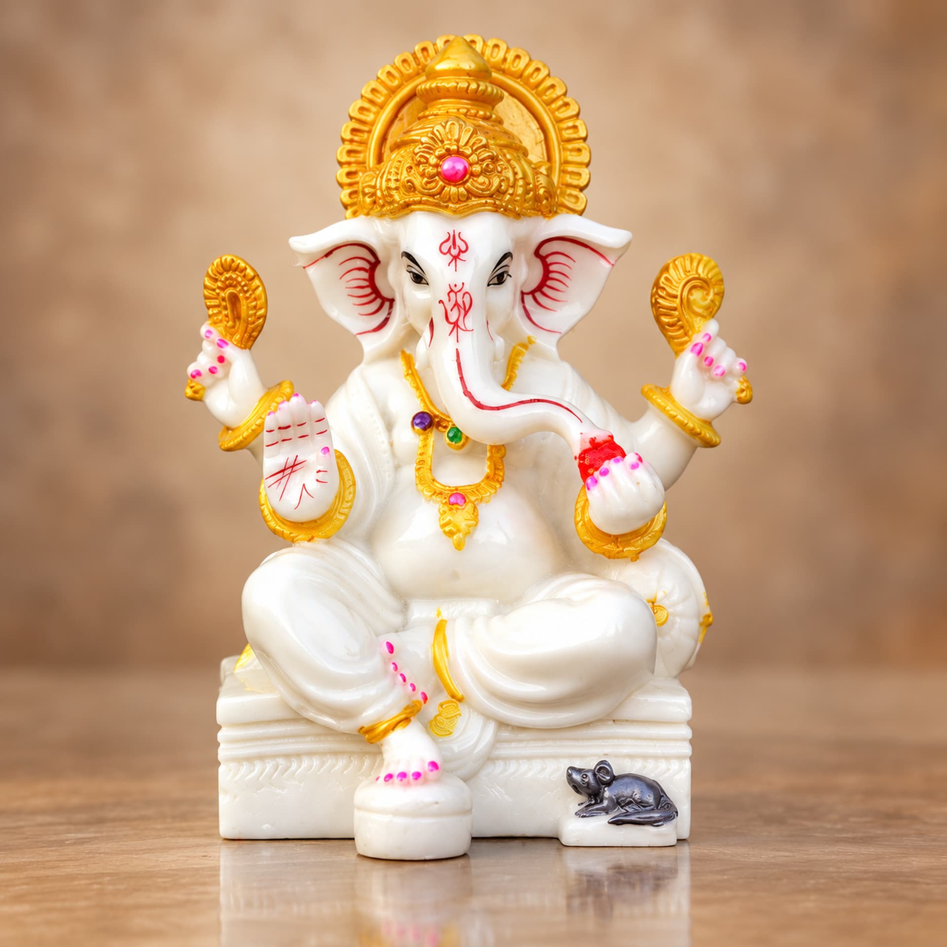 White Gold Ganesha Idol, Marble Dust, 7 Inch Ganpati Murti