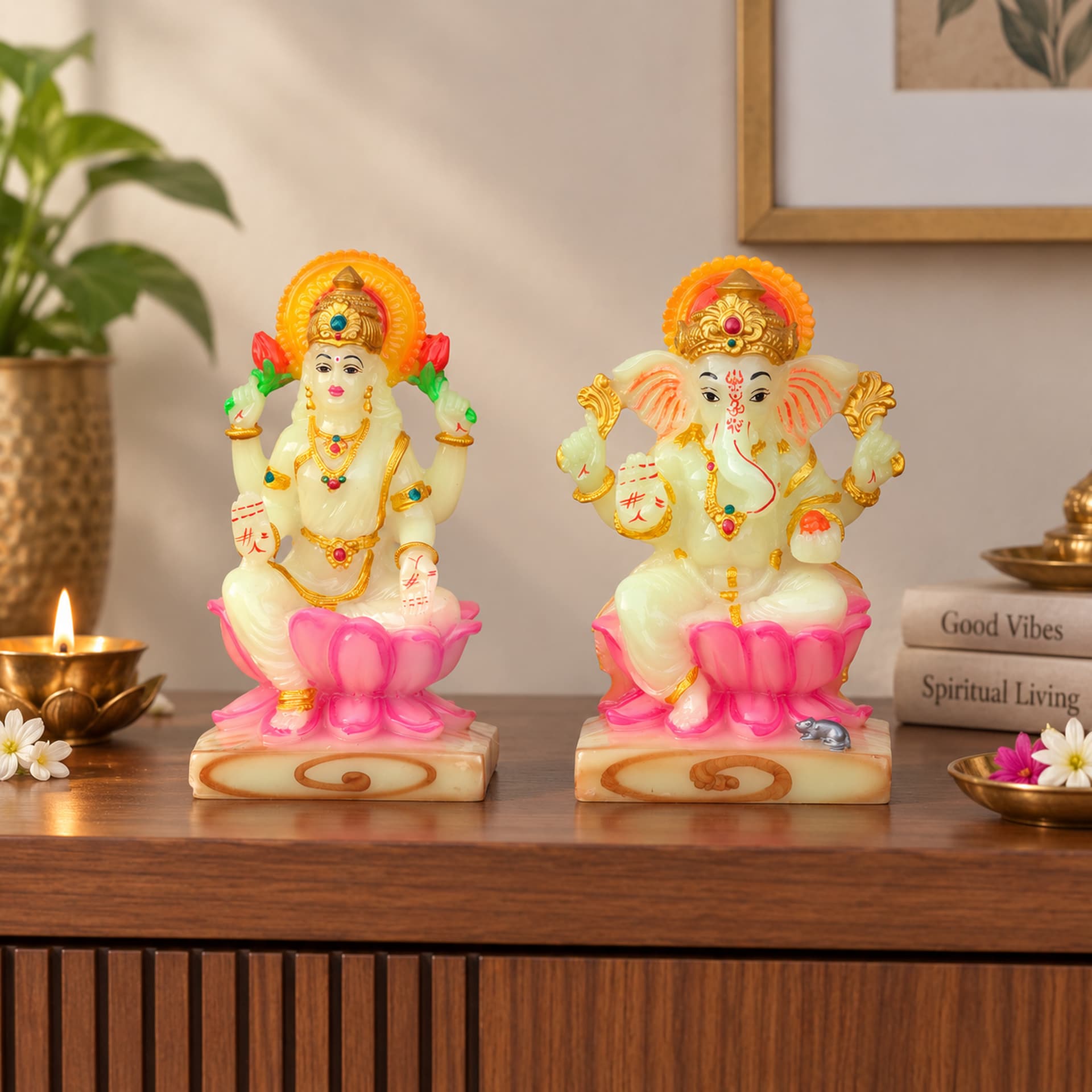 Glow in the Dark Laxmi Ganesh Idol Set of 2, Polyresin Murti