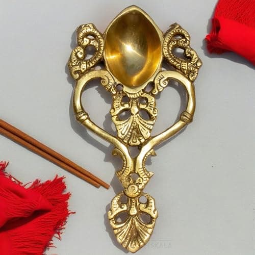 Brass Peacock Aarti Diya with Bell - 5x5.5 inch Antique Puja Lamp, Hand Diya, Tabletop Decor Housewarming Gift (Handheld Puja Lamp)