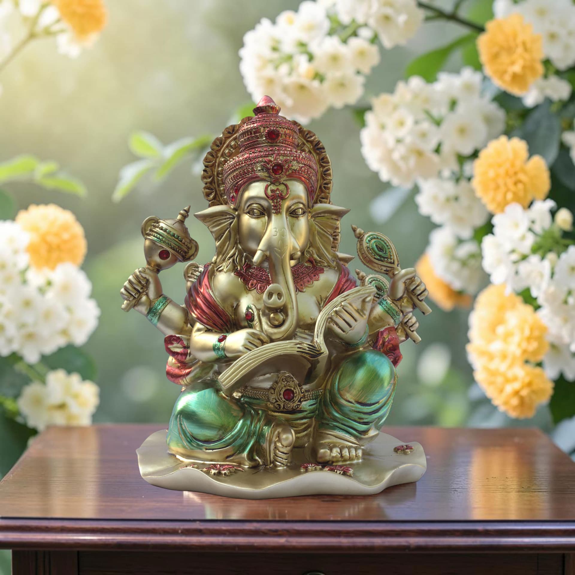 Lekhak Ganesh Idol for Home Decor 10 Inch | Ekdanta Ganesha Statue in Premium Resin | Study Table Ganpati Murti for Students Office Desk Temple Gift Item