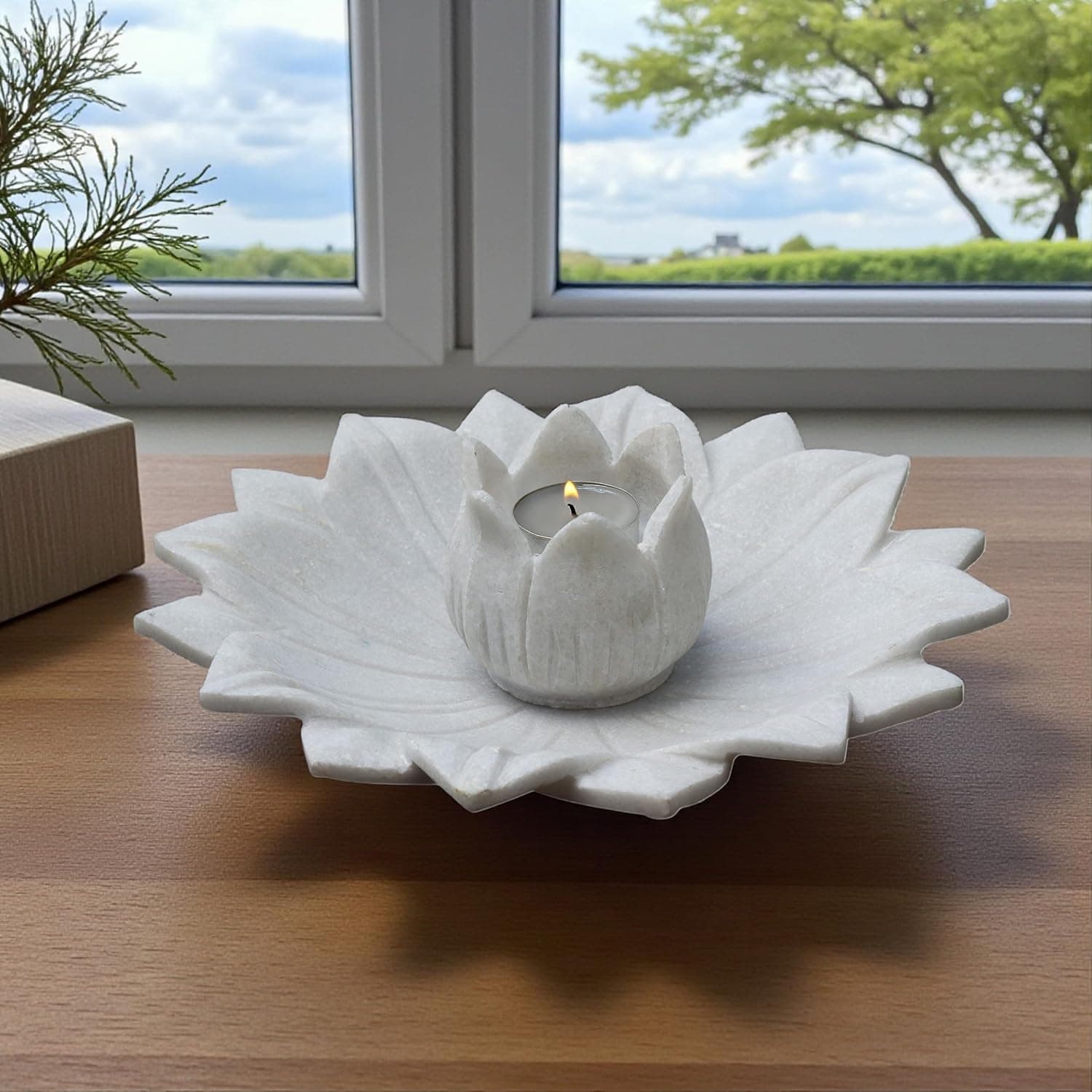 White Marble Lotus Plate with Diya Tealight Candle Holder – 9 Inch Decorative Centerpiece for Home Decor, Diwali Decoration, Pooja Room, Living Room & Gifting