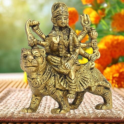 Durga Maa Brass Idol, 3.5 inch Murti of Shakti Durga on Lion Sherawali Maa/Ambe Maa Brass Statue for Home Mandir Office Living Room Shop (Maa Durga on Lion)