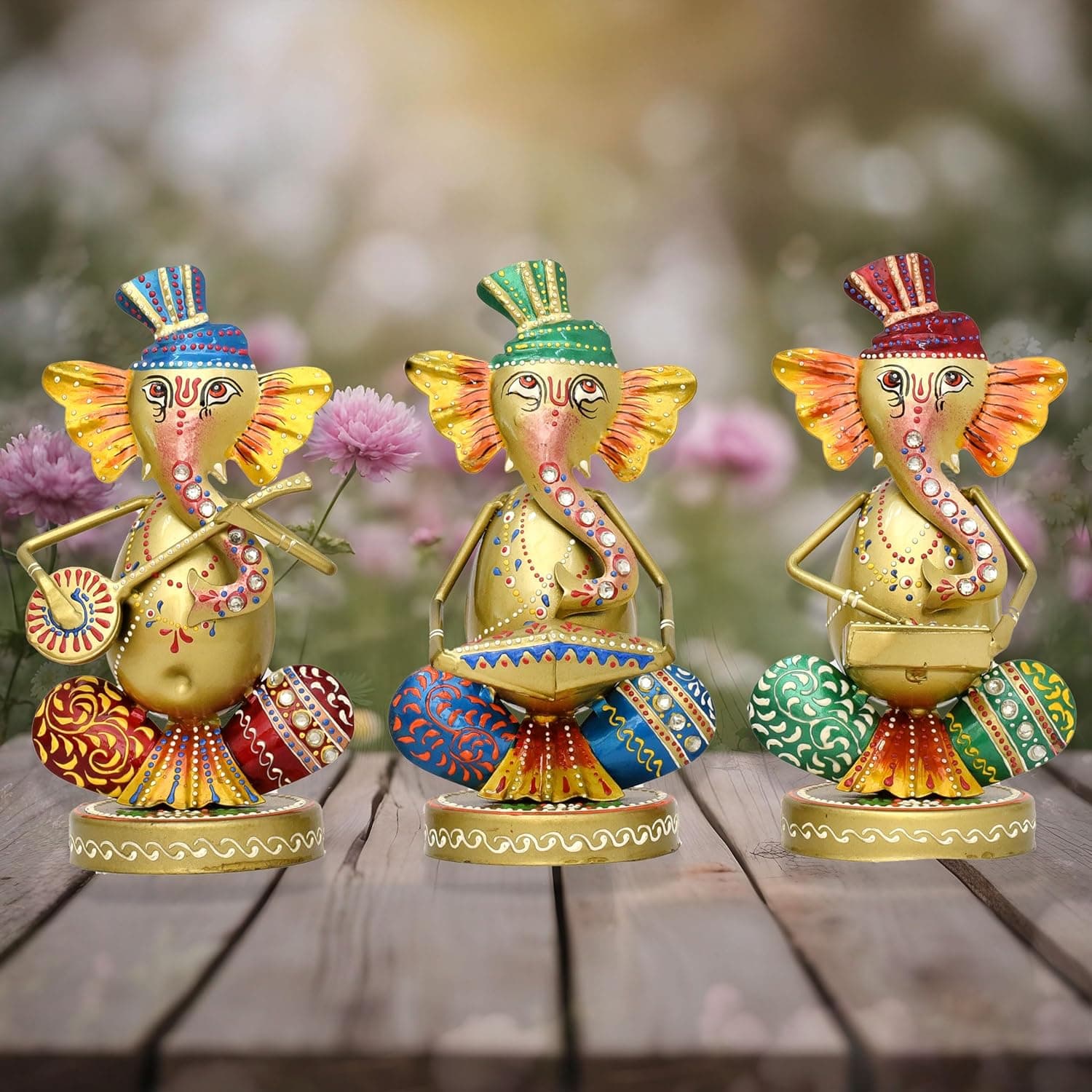 Musical Ganesha Statues Set of 3 Hand Painted Wrought Iron Figurines for Home Decor, Living Room Decoration, Office, Shops and Gifts, Multicolour
