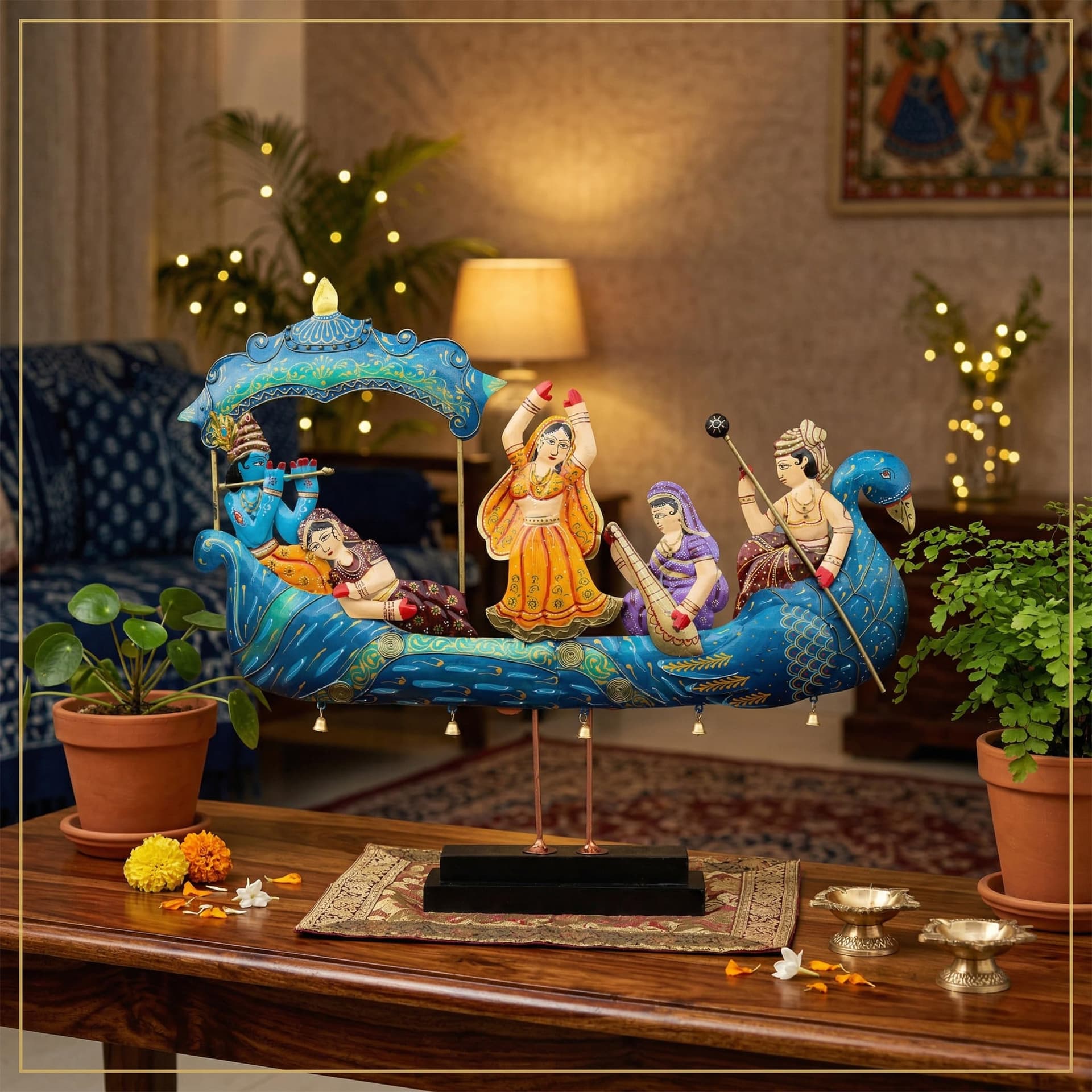 Radha Krishna Nauka Vihar Showpiece for Home Decor Wall Hanging & Tabletop | Metal Peacock Boat Raas Leela Statue with Wooden Base | Large Spiritual Decorative Idol