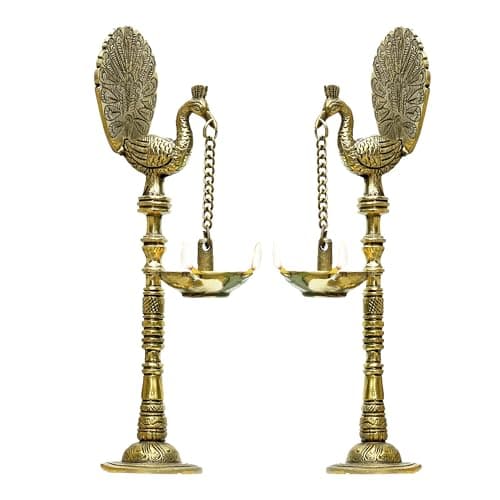 Brass Oil Lamp Diya 9 inch Pack of 2 Brass Peacock Home Decor Tabletop Hanging Diya, Authentic Antique Brass Oil Diyas for Living Room Decoration, Diwali Gifting