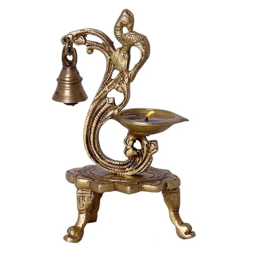 Traditional Brass Peacock Diya Oil Lamp with Bell - 5x3x8in Vintage Pooja Lamp, Decorative Home Decor Diwali Gift (Peacock Ghanti Diya)