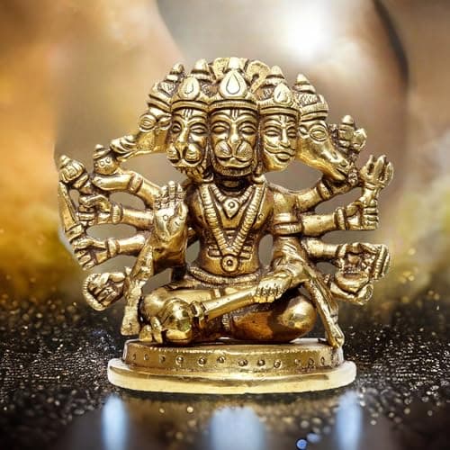 Panchmukhi Hanuman Murti Brass Metal Statue, Bajrangbali Idol Five Faces of Hanuman ji for Door Entrance, Devotees, Vastu, Hindu Festival Gift (4 inch)