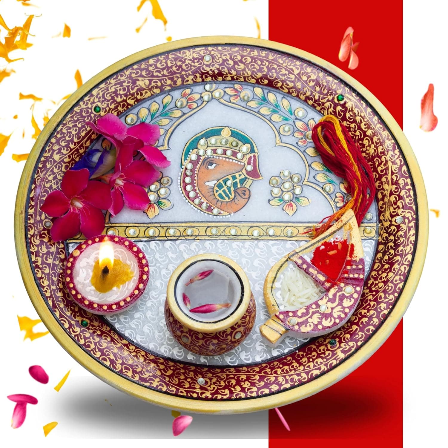 Marble Pooja Thali with Meenakari Work – 9 Inch Laddu Gopal Pooja Plate Set | Decorative Thali Kalash for Mandir Aarti, Grih Pravesh & Festival Gift (9inch)