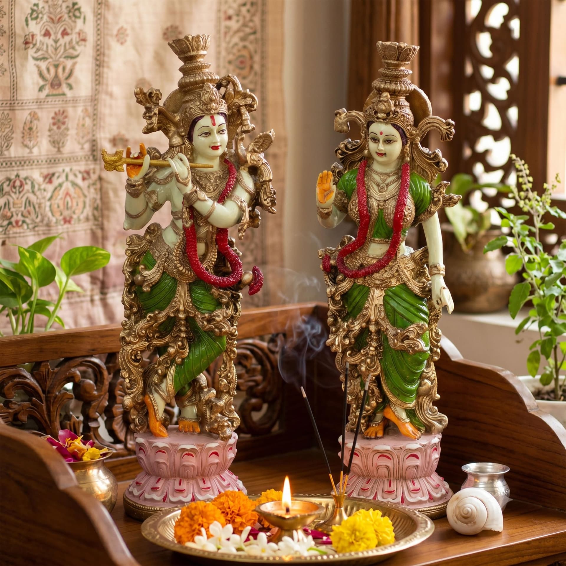 Radha Krishna Idol Pair for Home Mandir Pooja Room Decor | 14 Inch Hand Painted Lacquer Coated Statue Set | Premium Spiritual Showpiece for Living Room Office Temple Wedding Gift (Lotus)