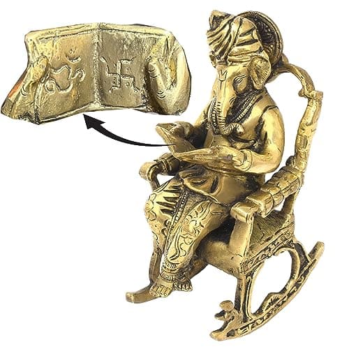 Ganpati Sitting on a Rocking Chair Brass Idol, Lord Ganesha Reading Book with Om and Swastik Symbols, Showpiece Idol for Home Decor, Gifts