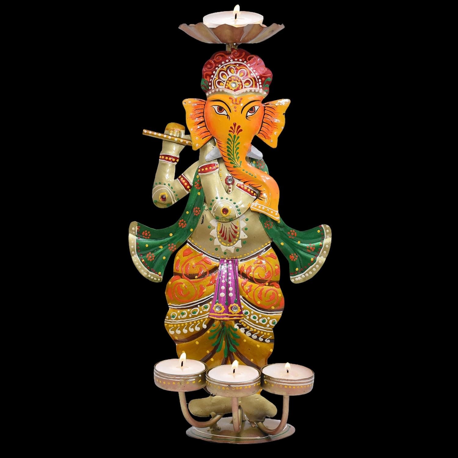 Ganesh Diya Tealight Candle Holder Decorative Ganpati 4 T-Light Showpiece Metal Statue Candle Burner for Living Room, Diwali Gifts, Home Decor