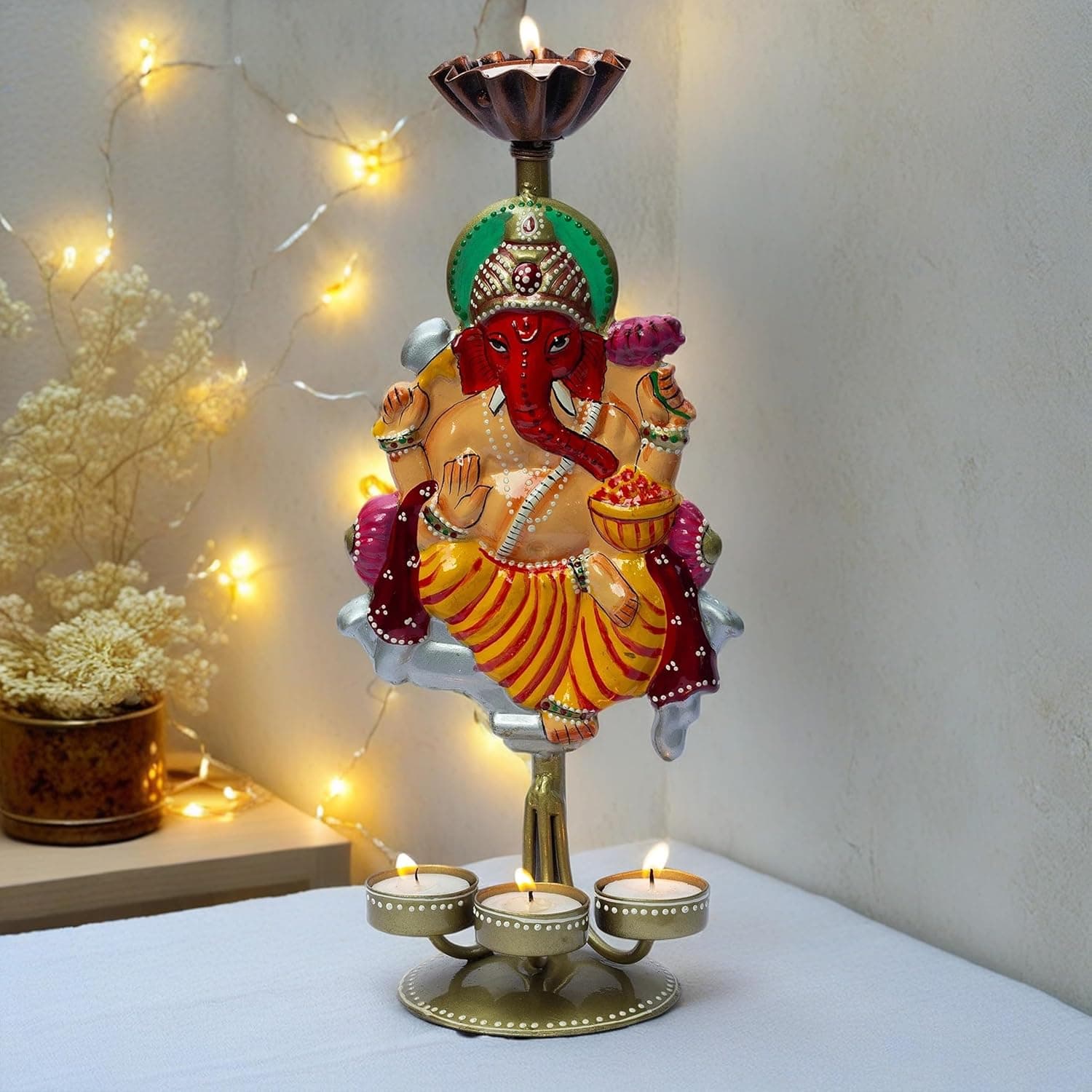 Auspicious Ganpati Tealight Candle Holder (14x6 Inch), Lord Ganesha Four Candle Metal Showpiece for Spiritual Décor, Diwali, Celebrations, Housewarming Presents