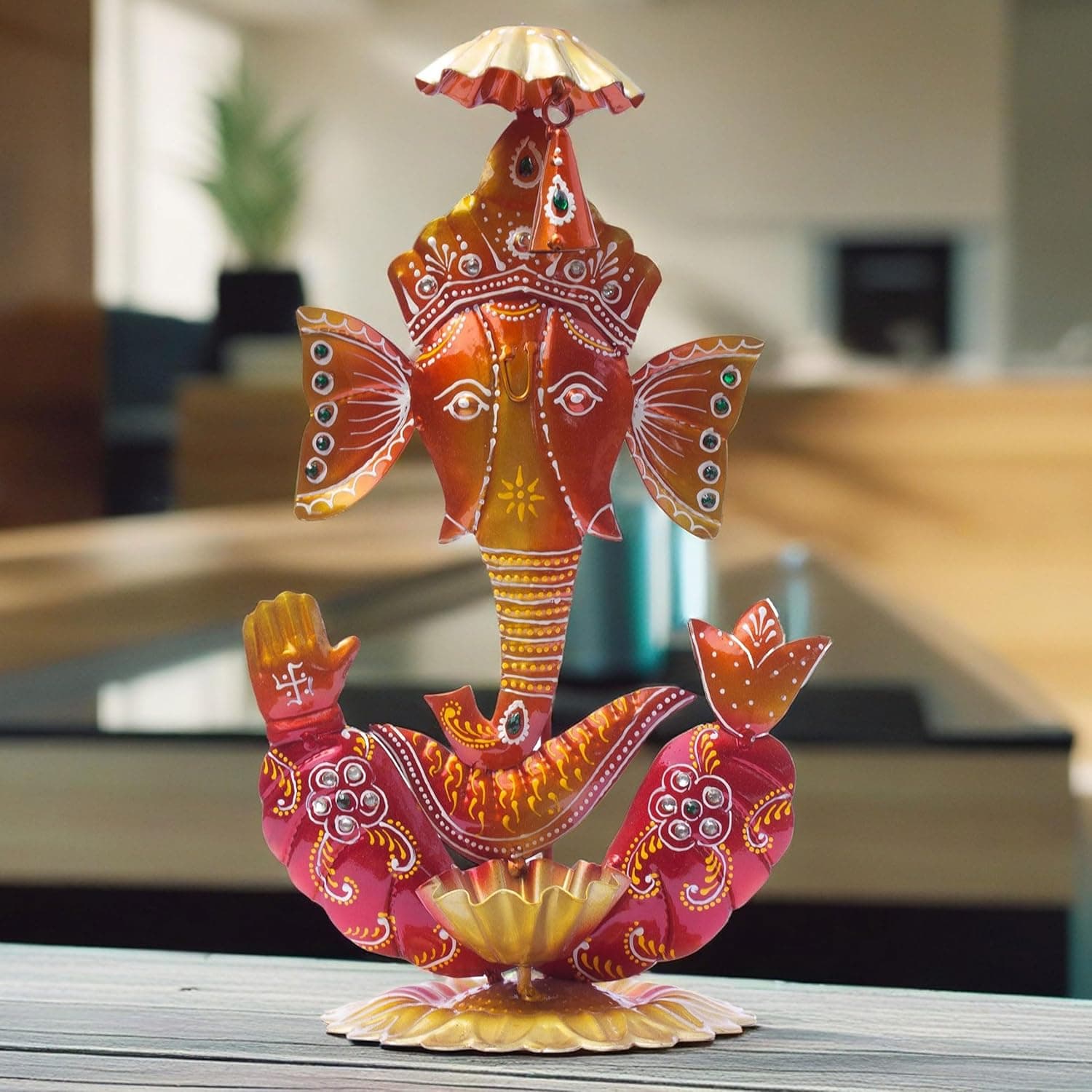 Ganesh Ghanti Diya TeaLight Candle Holder Tabletop Figurine Vibrant Metal Ganpati Statue with Mukut Showpiece for Living Room Home Decor, Home Temple, Diwali Gift (Ghanti Ganesh-NM)