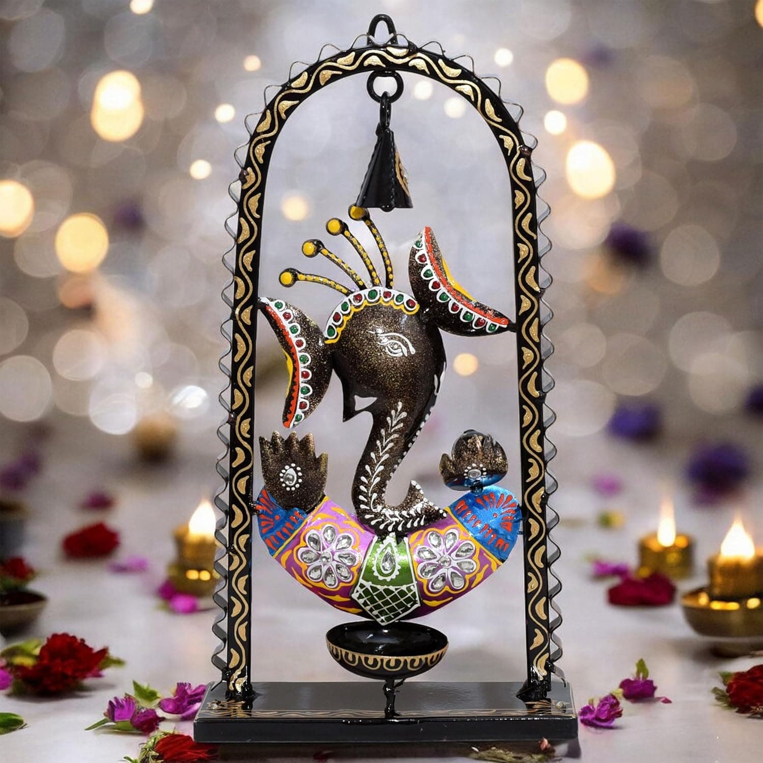 Ganesh Tealight Candle Diya Holder Tabletop Wall Hanging Home Decor with Spiritual Bell, Tealight Holder Metal Showpiece for Living Room, Yoga, Gifts
