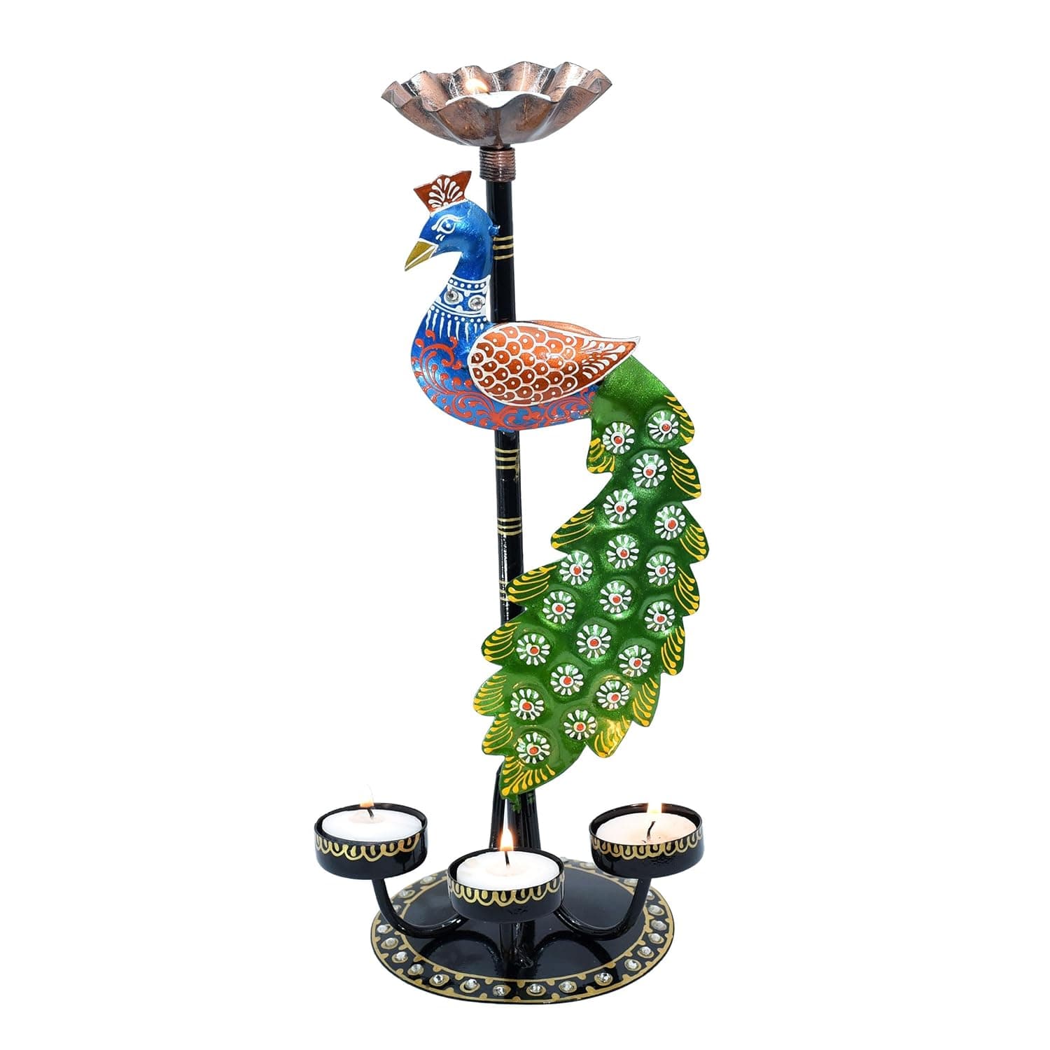 Tea Light Candle Holder Decorative Peacock Showpiece Metal Figurine 4 Candle Diya Burner Slots for Living Room, Diwali Gifts, Home Decor