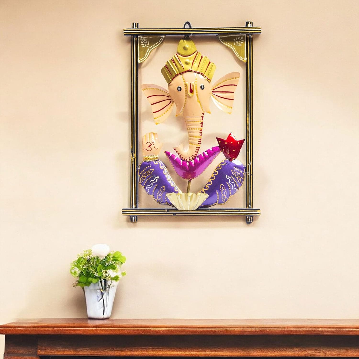 Ganesh Ghanti Diya TeaLight Candle Holder Wall Mounted Showpiece Statue with Mukut and Bell for Living Room, Home Entrance, Housewarming Gift