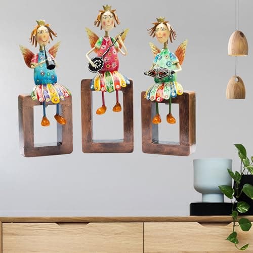 Angel Musician Statues – Set of 3 | Handcrafted Metal & Wood | Wall Hanging, Shelf Display, Tabletop Home Decor Gift Item