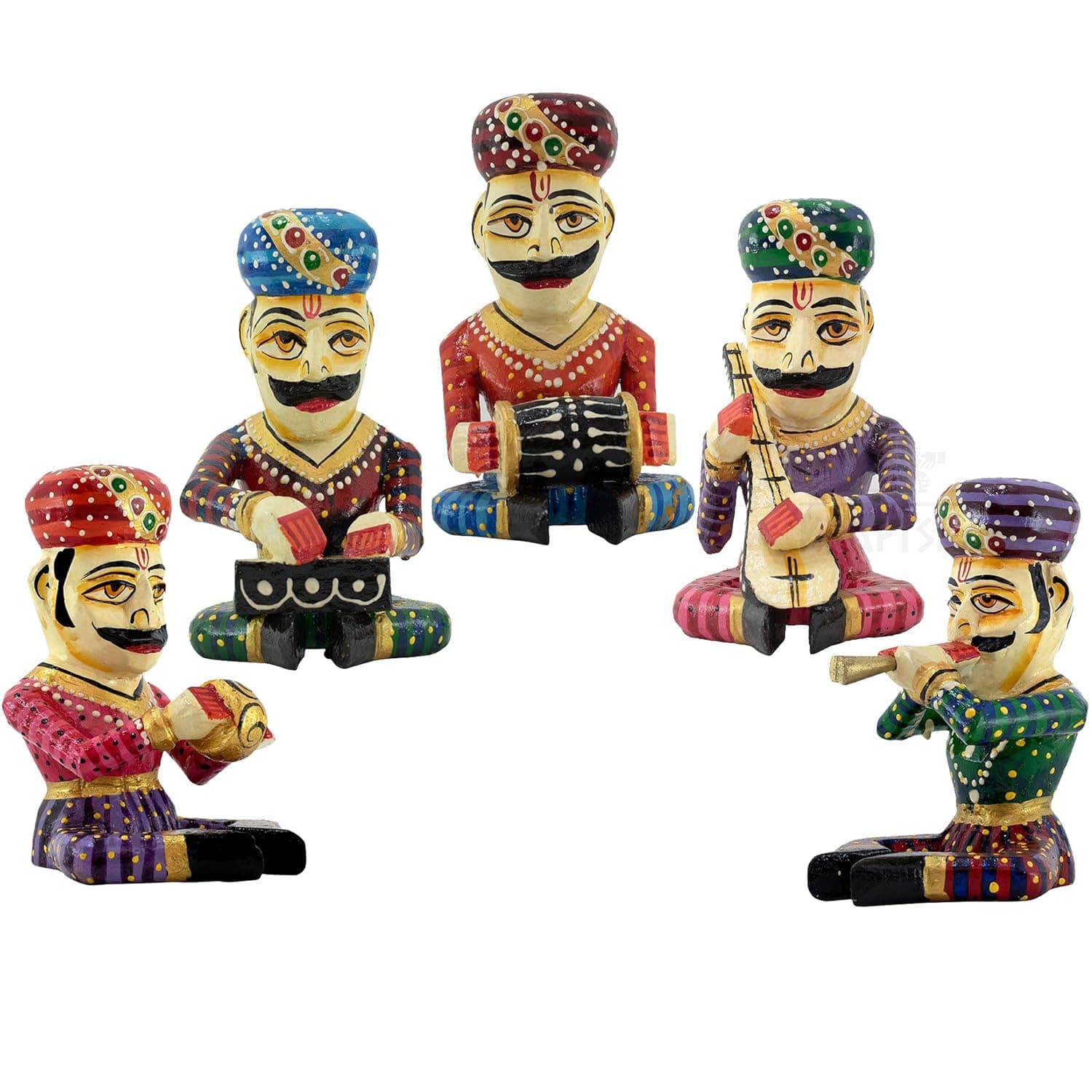 Handcrafted Rajasthani 5 Bawla Musicians Wooden Carved Banna Showpiece with Traditional Indian Folk Music Instruments for Home Decoration and Gift (6inch)