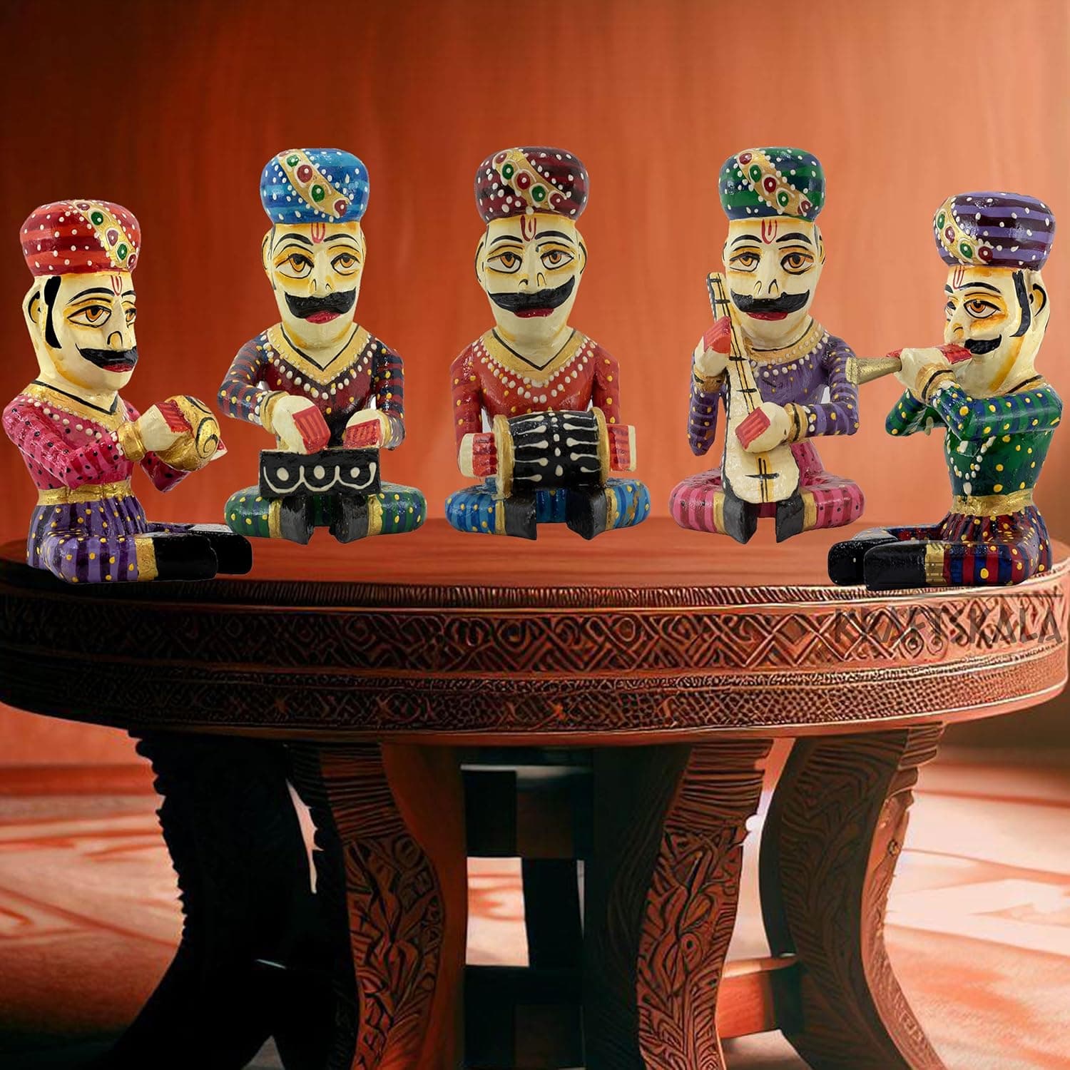 Wooden Home Decor Large 6 inch Bawla Musicians Set of 5 Musicians, Indian Music Tribute Showpiece for Living Room, Office Decor