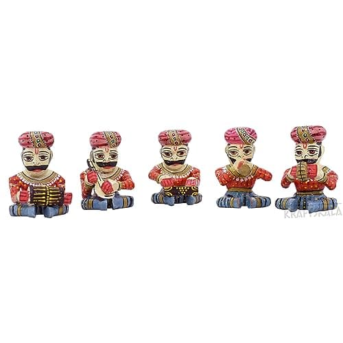 Wooden Bawla Set Rajasthani Decor Item, 5 Folk Musical Showpieces for Living Room, Home, Office Decor (4 inch)