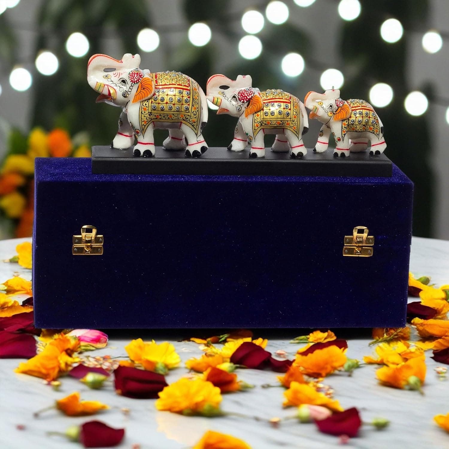 Three Marble Elephants on Wooden Base Gift Box Set for Diwali, Weddings, Grihpravesh, Corporate Gifting 4" 3" 2.5" Elephants (Set 3)