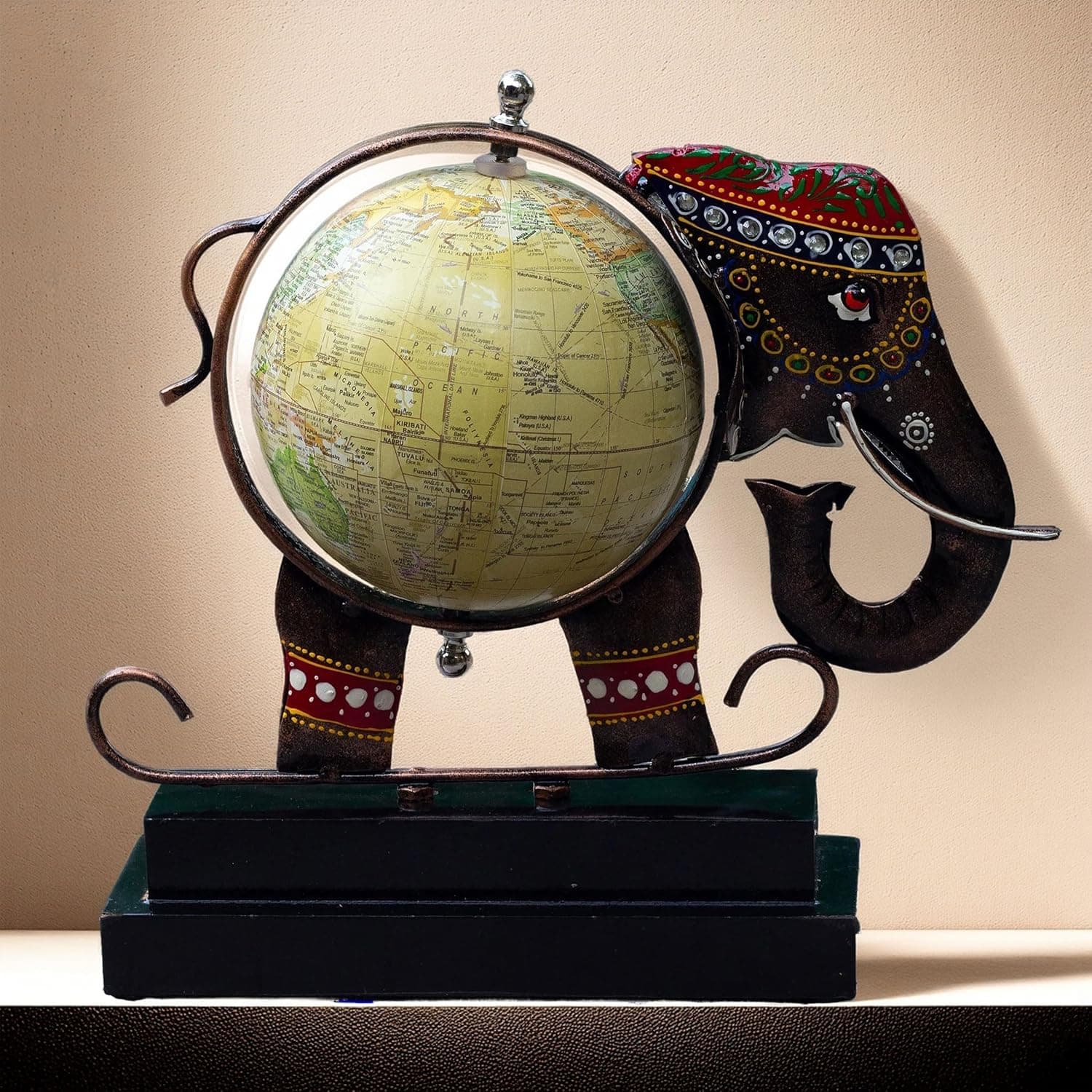 Metal Elephant Showpiece with Globe | Traditional Handicraft for Home & Office Decor | Globe for Study Table, Corporate Diwali Gift