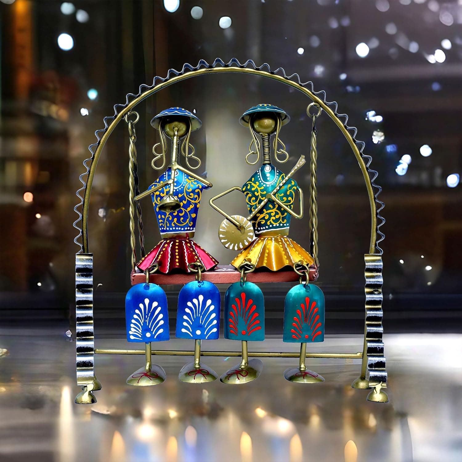 Rajasthani Home Decor Swing Set with 2 Dolls, 12 Inch Metal Handicraft Jhula Decorative Showpiece for Living Room, Center Table, Multicolour