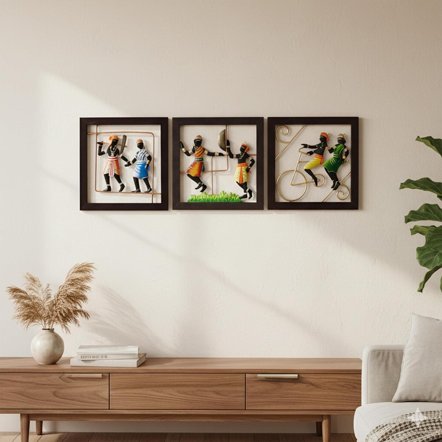 Tribal Wall Hanging Art Decor – Set of 3 Handcrafted Metal and Wood Frame Showpieces | 12x12 inch Iron Wall Decor for Living Room, Bedroom, Office, Gifting
