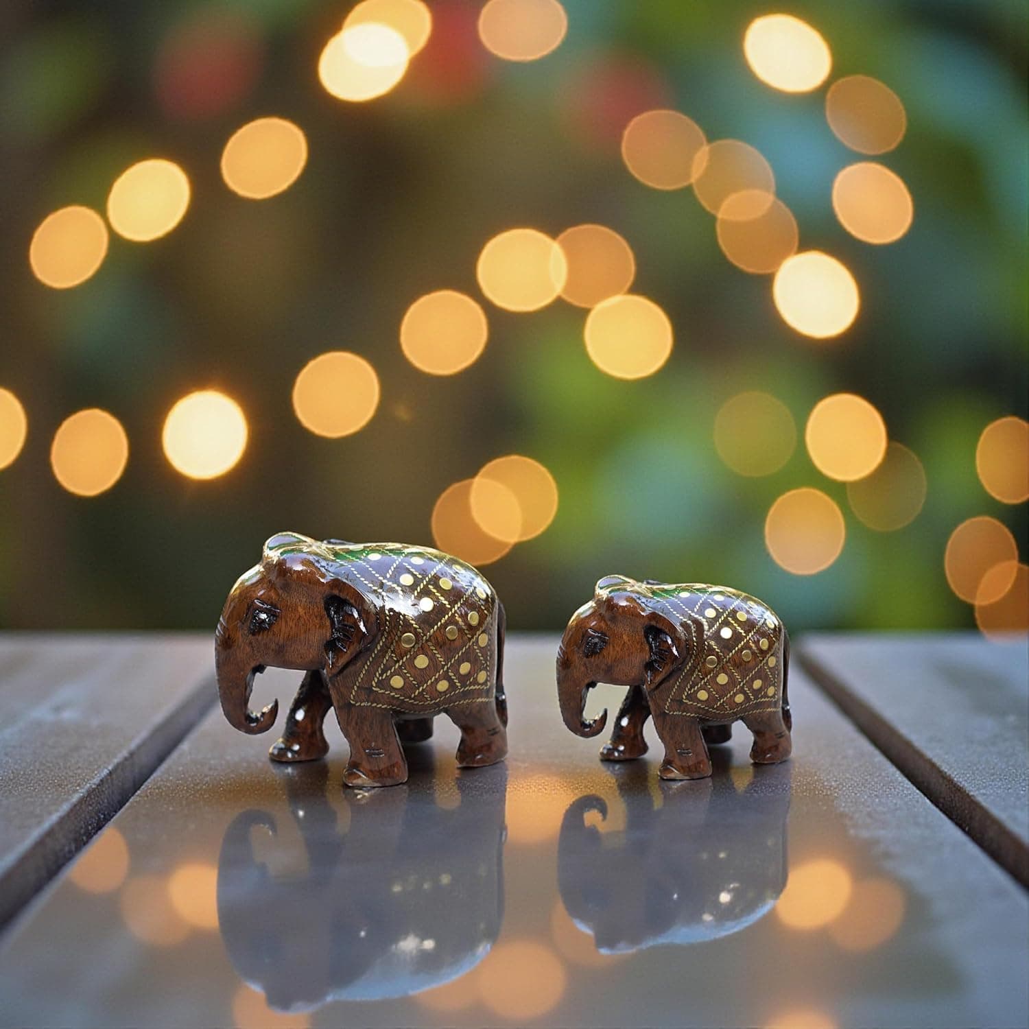 Handcrafted Wooden Taarkasi Elephant Showpiece Set of 2 for Home Decor Tabletop | Brass Inlay Elephant Statue for Vastu, Gifting & Office Decor