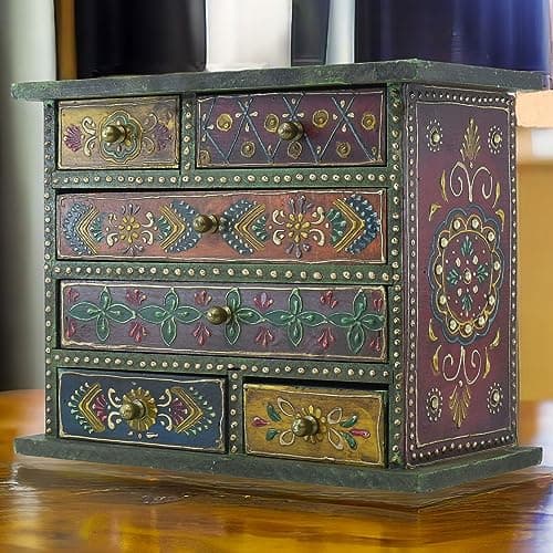 Wooden Chest Drawer Box, Hand Painted Jewellery Box Rajasthani Art Trinkets Organizer Dressing Table Box Living Room Decor (21cm, Multicolour)