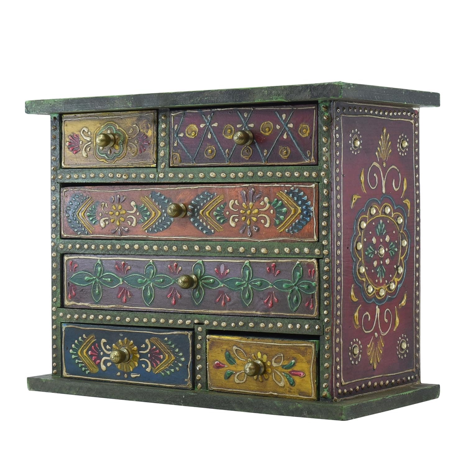 Wood Exquisite Hand-Painted Rajasthani Art Storage Box, Utility Chest of 6 Drawers for Stationery, TV Remote, Small Gadgets, Living Room Table Decor, Multicolor