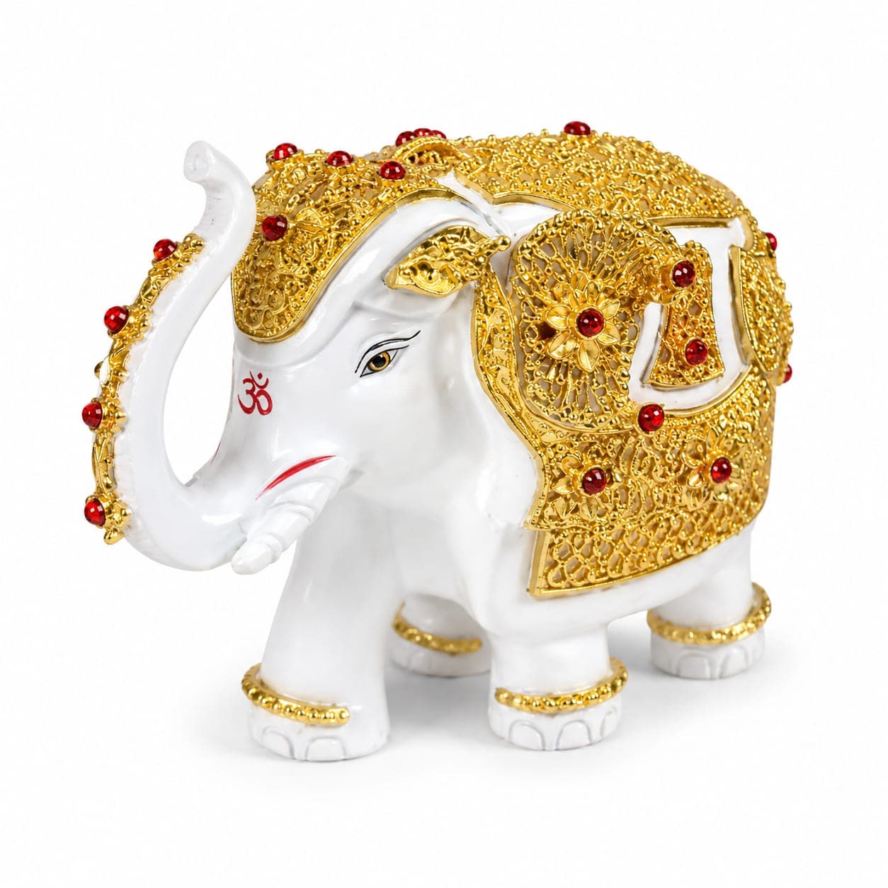 Premium White & Gold Electroplated Elephant Showpiece with Red Stone Work